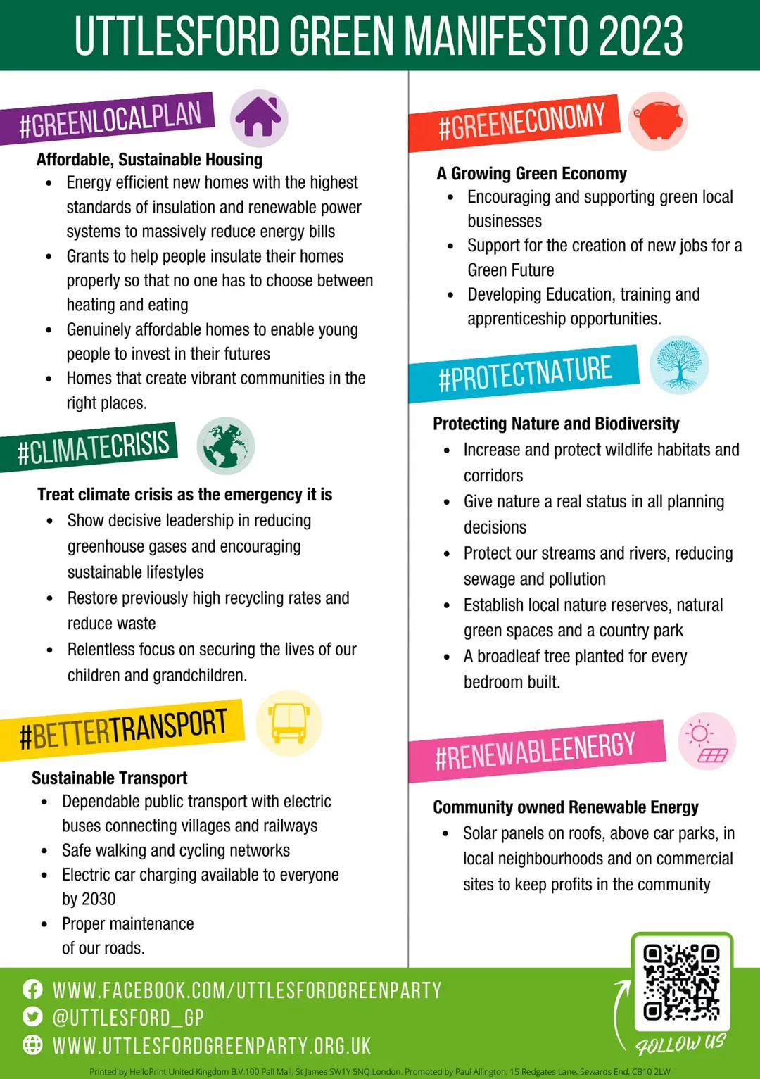 The Uttlesford Green Manifesto 2023 as a printed sheet, under six headings: Green Local Plan, Climate Crisis, Better Transport, Green Economy, Protect Nature and Renewable Energy.