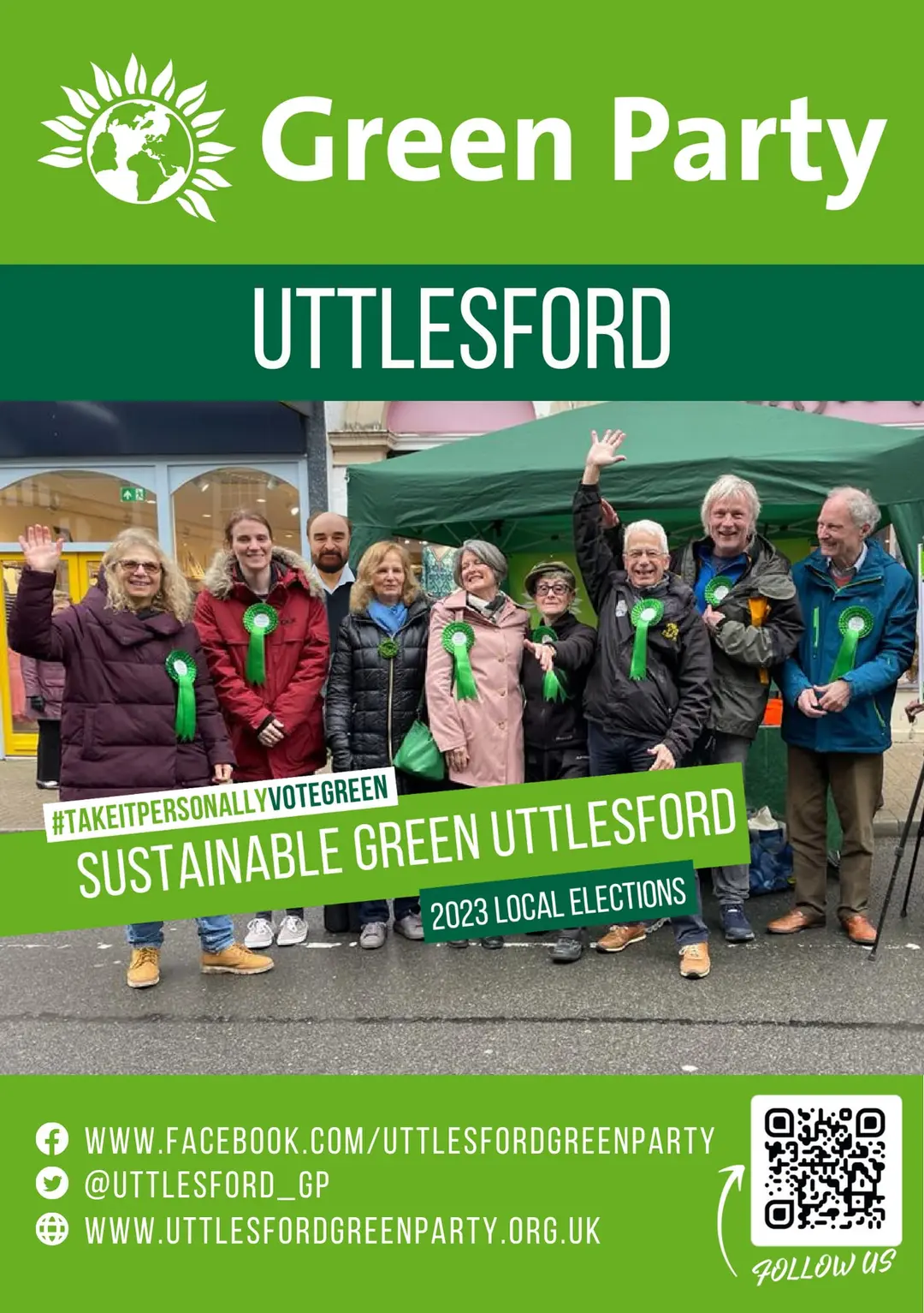 Front of the Uttlesford Green Party leaflet for the 2023 local elections: a group of people wearing green rosettes wave beside a market stall, under the words “Sustainable Green Uttlesford”.