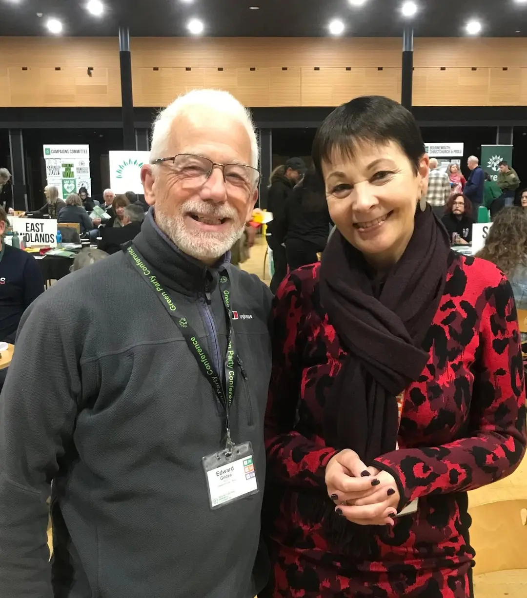 Edward Gildea with Caroline Lucas at the Green Party conference in Brighton, October 2025
