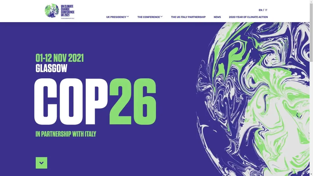 The COP26 website banner: “01–12 Nov 2021, Glasgow, COP26, in partnership with Italy”, beside a marbled image of the Earth