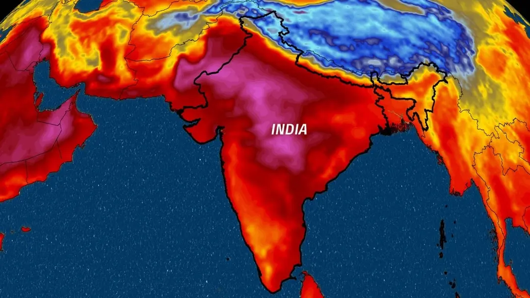 A temperature map of India and its neighbours, with most of the country shaded in the hottest reds and purples