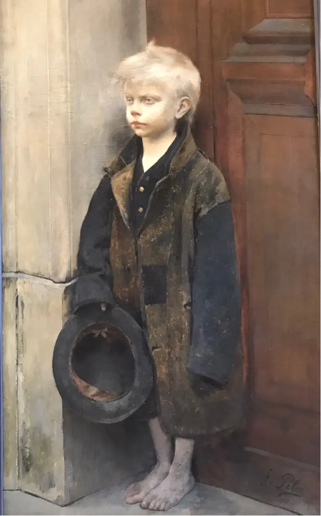 Painting of a barefoot child in a ragged coat, standing in a doorway and holding an upturned hat.