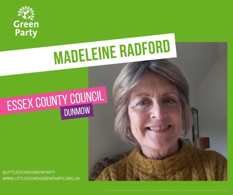 Campaign card: Madeleine Radford, Green Party candidate for Essex County Council, Dunmow
