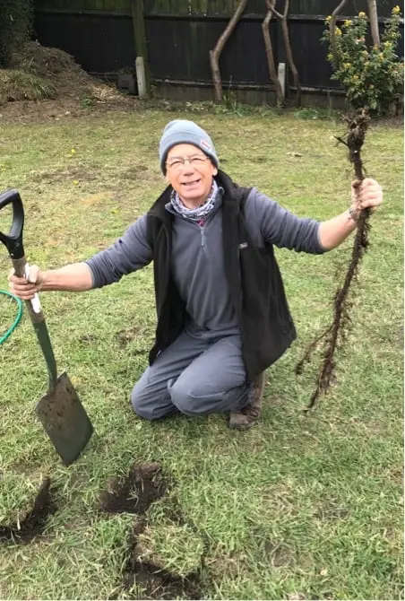 A man in a woolly hat kneeling on grass beside a freshly dug hole, a spade in one hand and a bare-rooted sapling in the other.